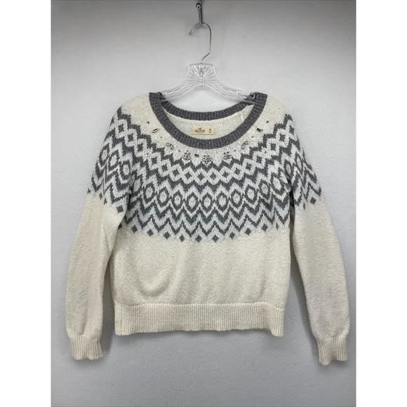 Hollister Womens Sweater White Gray Medium M Knit Round Neck Rhinestone - Picture 1 of 13